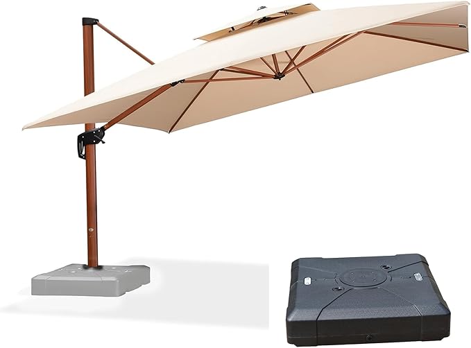 PURPLE LEAF 12ft Patio Umbrella with Base Outdoor Square Umbrellas Large Cantilever Umbrella Windproof Offset Umbrellas Heavy Duty Sun Umbrella for Garden Deck Pool Patio, Beige