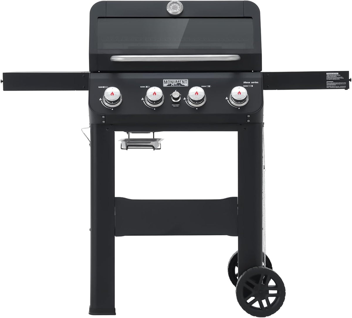 Monument Grills 4-Burner Liquid Propane Gas Grill, Matte Black Stainless Steel Burner Grill with Clearview® Lid and One Foldable Shelf for Outdoor Cooking Kitchen Patio Backyard Barbecue, Mesa420MF