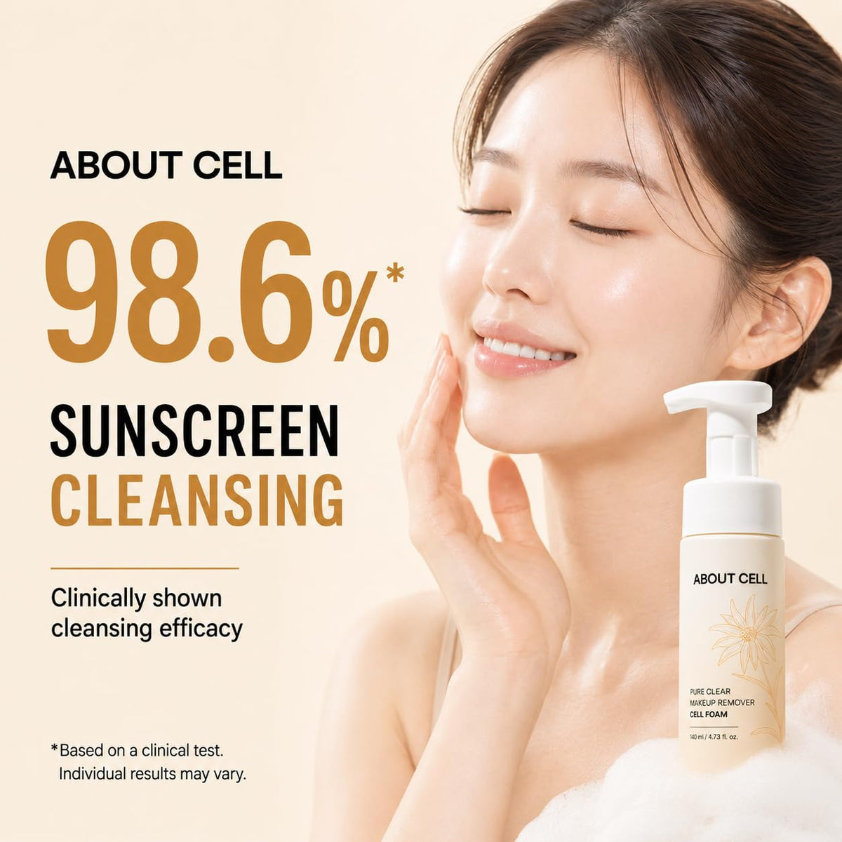ABOUT CELL Pure Clear Foaming Makeup Remover, 2-in-1 Face Wash for Base Makeup & Sunscreen, Micro-Bubble Korean Facial Cleanser for Sensitive Skin, 140 mL (4.73 fl oz)