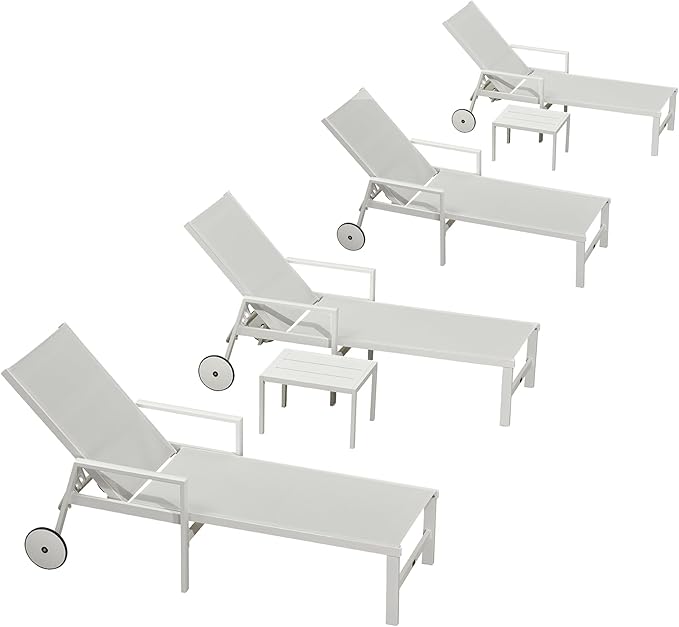 PURPLE LEAF Outdoor Lounge Chairs Set of 4 White Aluminum Chaise Lounge Chair Outdoor with Wheels and Armrest for Patio Deck Pool Side Table Include, Ivory