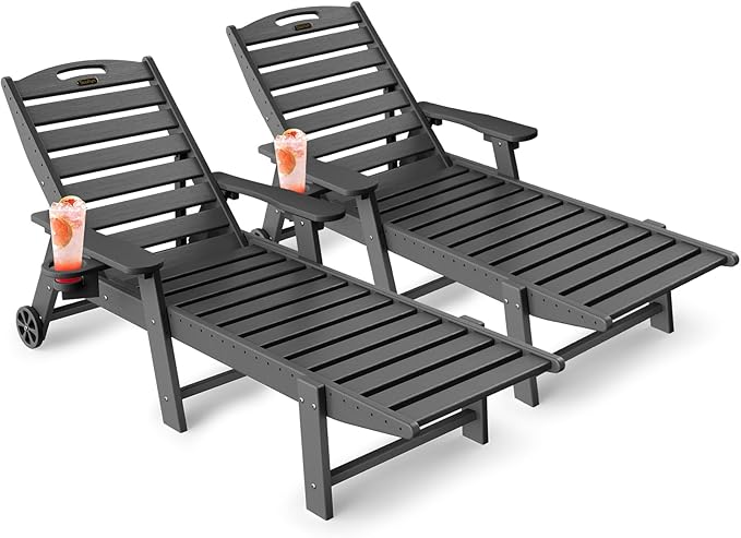 Lounge Chair Outdoor Set of 2, HDPE Chaise Lounge Outdoor with 6-Position & Wheels &Cup Holder, Pool Lounge Chair for Pool Poolside Deck Backyard Patio, Grey