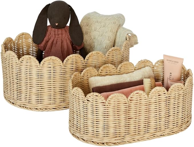 BEBE BASK Premium Scalloped Basket Set Of 2 - Scallop Basket - 16 x 10 x 7 Inch - Hand-Woven Elegant Wicker With Scalloped Edge - Nursery Storage (Natural)