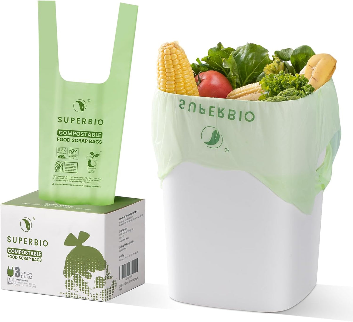 SUPERBIO 3 Gallon Compostable Food Waste Bags, 80 Count, Food Scrap Bags with Handles, ASTM D6400, BPI and OK compost INDUSTRIAL