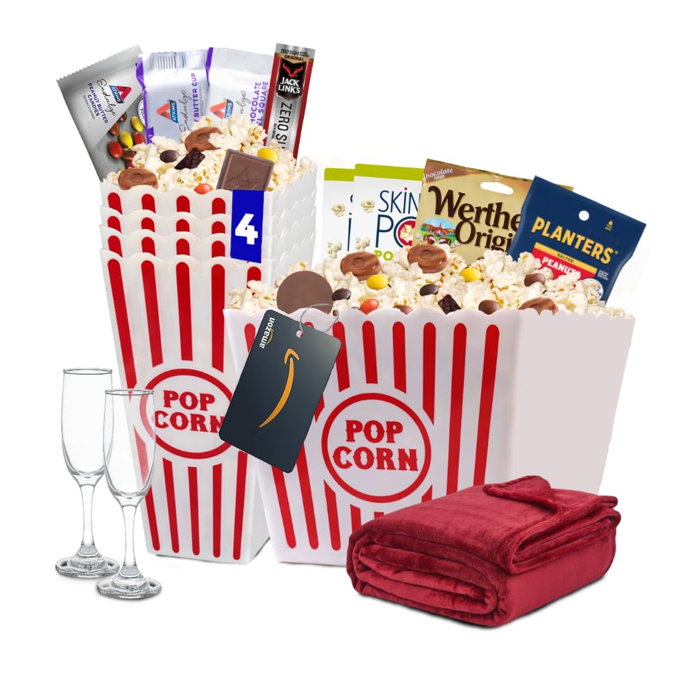Movie Night Popcorn and Candy Gift Basket - Perfect for a Cozy Graduation Celebration Evening at Home or the Theater with Family and Friends (Keto