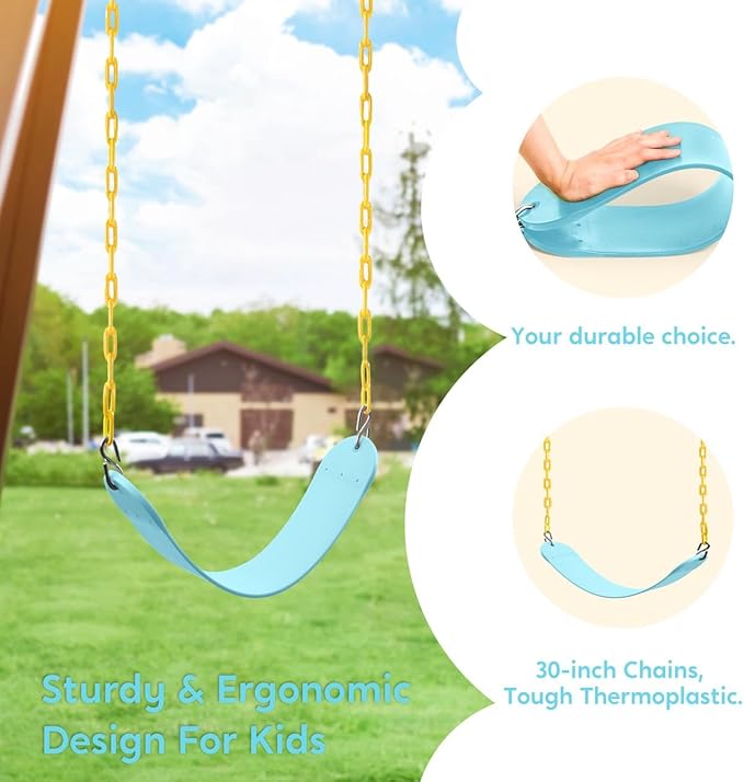 TURFEE Swing for Outdoor Swing Set - Pack of 1 Seat Replacement Kit with Heavy Duty Chains - Backyard Swingset Playground Accessories for Kids (Blue 2)
