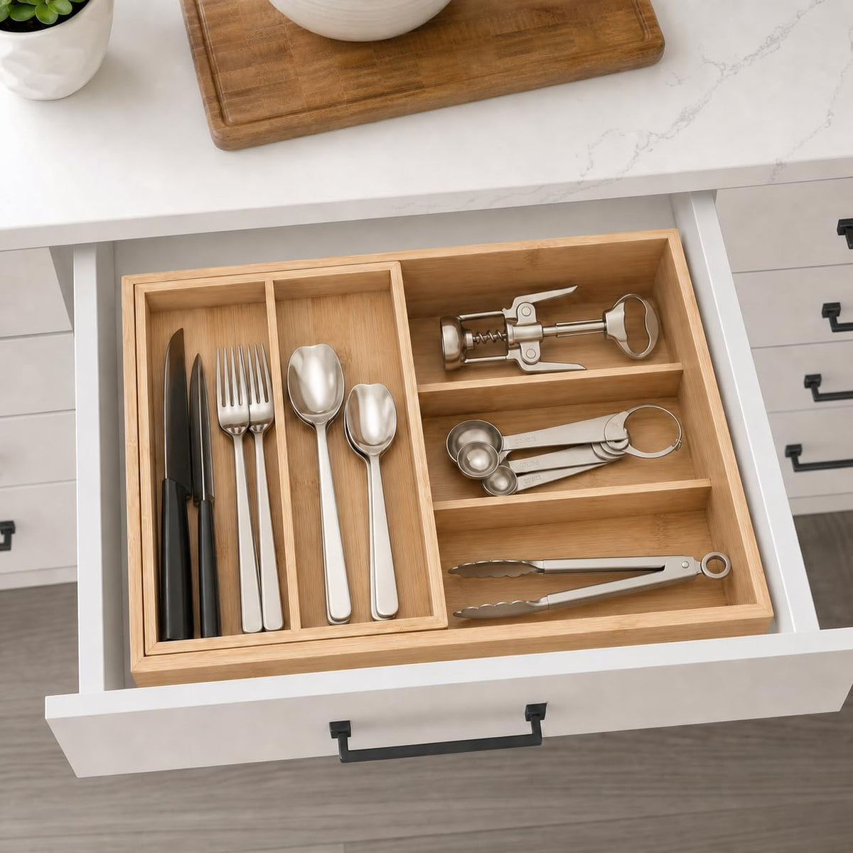 Bamboo 2-Tier Utensil Organizer for Kitchen Drawer Modular Pantry Organizer