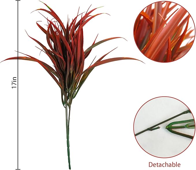 Uieke 12 Bundles Artificial Outdoor Plants UV Resistant Fake Grass Plants Faux Plastic Plants Greenery Shrubs for Home Garden Pathway Window Box Front Porch Cemetery Fall Decor, Autumn Red