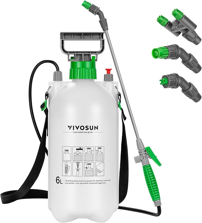 VIVOSUN Pump Sprayer 1.6 Gallon, Portable Water Spray Bottle for Lawn and Garden Yard, Weed Sprayer for Plants with 3 Nozzles, Adjustable Shoulder Strap, Pressure Relief Valve