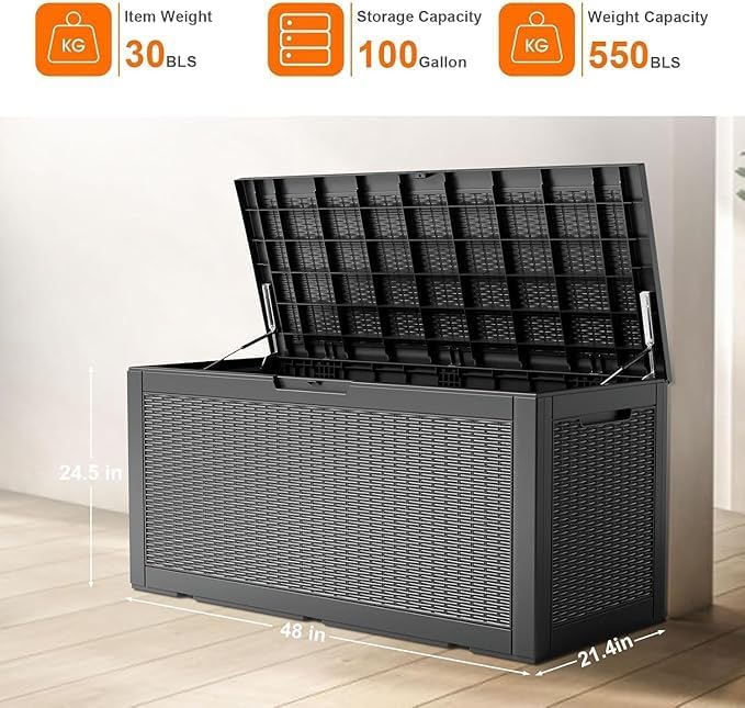100 Gallon Outdoor Storage Box – Waterproof Deck Box for Garden, Patio & Backyard,Black