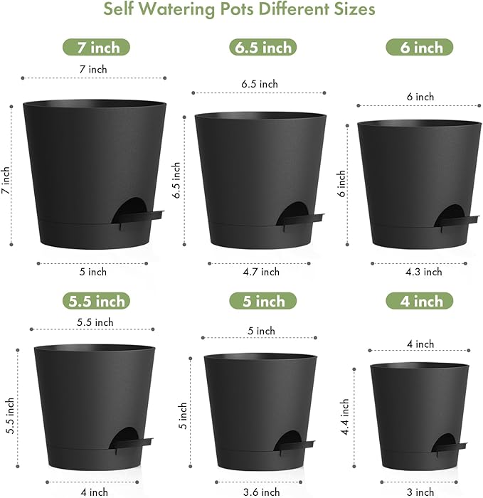 7/6.5/6/5.5/5/4 inch Self Watering Pots for Indoor Outdoor Plants, 6 Pack Plastic Flower Planters with Drainage Holes and Removable Saucers, Plant Pots with Wicking Rope, Modern Decor, Black