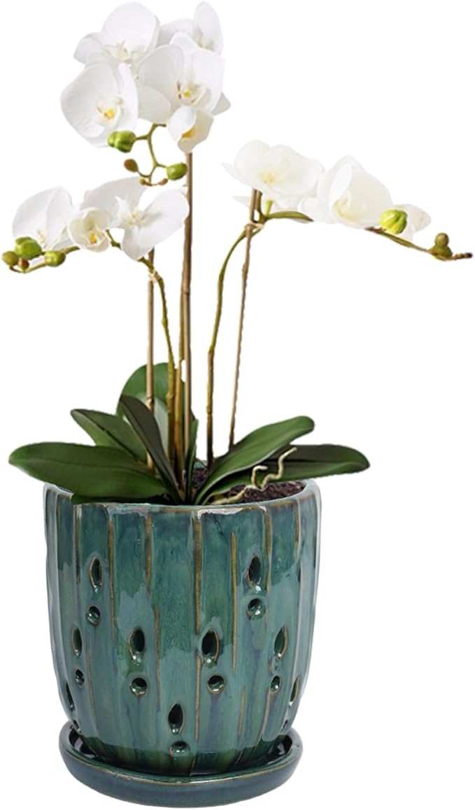 vensovo 6 Inch Ceramic Orchid Pot - Orchid Pot with Holes for Repotting, Ceramic Planter with Saucer for Indoor/Outdoor Plants, Green