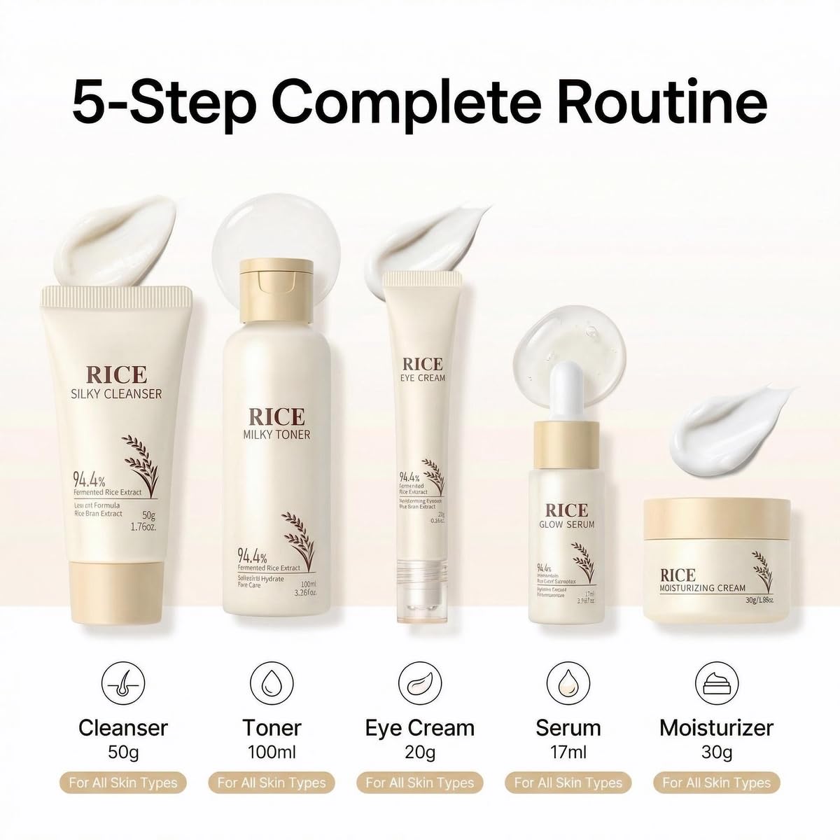 Korean Skin Care Set with Rice, 5-Step Facial Kit for Women