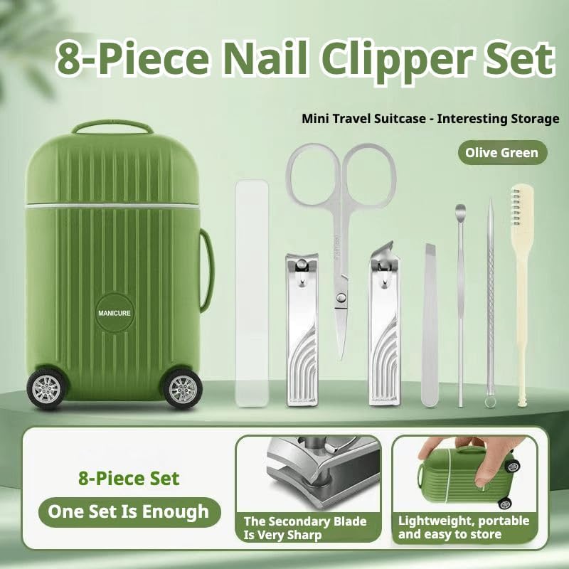 Manicure Set 8 in 1 Stainless Steel, Nail Clippers Scissors Pedicure Tools Kit - Portable Travel Grooming Kit for Men and Women with Mini Travel Box Packaging (Green) - color: Green