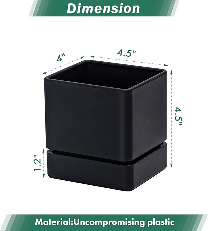 4 Inch Herb Planter Pot, Plastic Planter with Drainage Holes and Saucer, Modern Decorative Gardening Pot for Indoor Plants, Flowers, Herbs, Succulents, Black, Set of 4, 76-Y-B-4