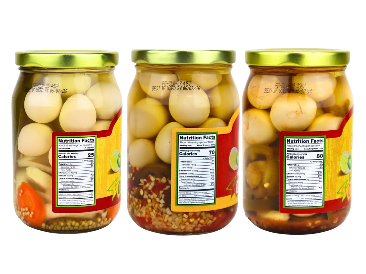 7 Farms Pickled Quail Egg Variety 3 Pack – Mild, Jalapeno, Cajun (16 oz Glass Jars)