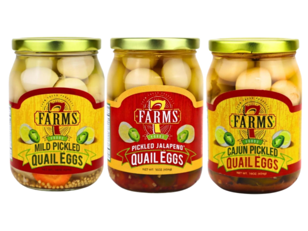 7 Farms Pickled Quail Egg Variety 3 Pack – Mild, Jalapeno, Cajun (16 oz Glass Jars)