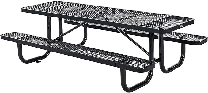 Global Industrial 8’L Rectangular Picnic Table, Expanded Metal, Black Thermoplastic Coating, Attached Benches, 1-1/2” Umbrella Pole Hole, Outdoor-Rated, 1000 lb Capacity, 96” x 30” Tabletop