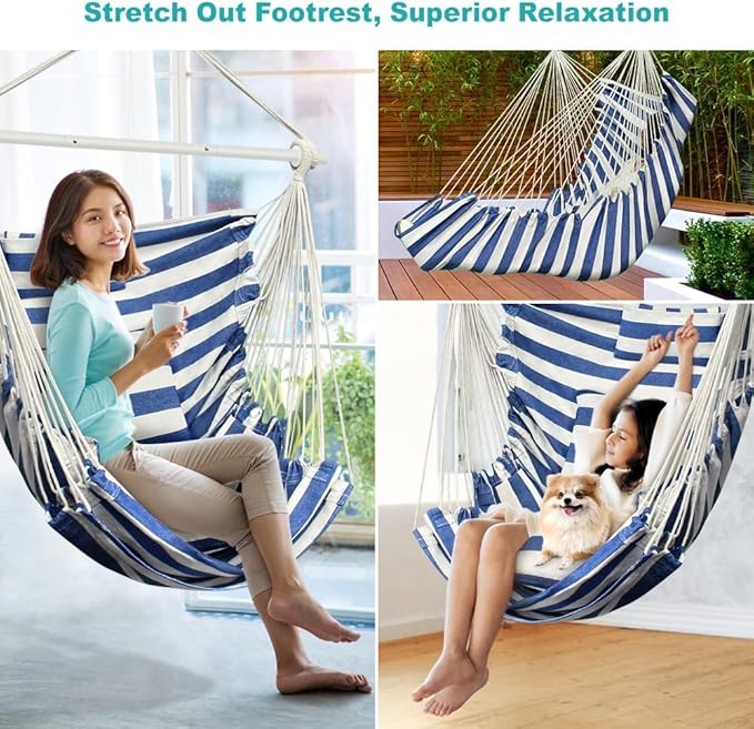 Hammock Chair, Hanging Chair with 3 Cushions and Foot Rest Support, Sturdy Metal Spreader Bar Max 440 Lbs, Swing Chair for Bedroom, Indoor & Outdoor, Patio, Porch or Tree（Blue and White）