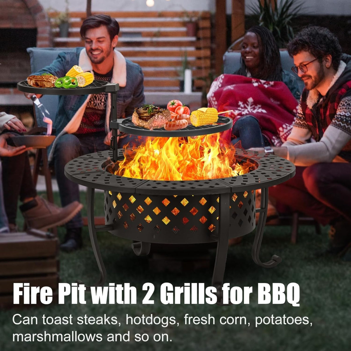 36 Inch Fire Pit with 2 BBQ Grills, Wood Burning Fire Pits for Outside with Lid & Fire Poker, BBQ& Outdoor Firepit & Round Metal Table 3 in 1 for Patio, Picnic, Party