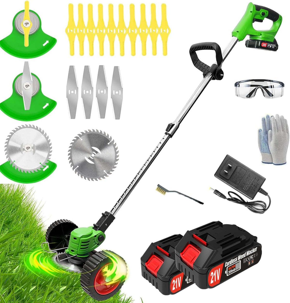 Electric Weed Wacker Cordless Eater Battery Powered, 21V Lightweight Weed Trimmer Edger Lawn Tool with 2Pcs 2000mAh Battery, 3 in 1 Stringless Grass Trimmer/Edger/Brush Cutter for Garden Yard Lawn