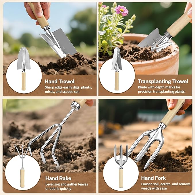 LASZOLA 9 Pcs Garden Tools Set with Tote Bag and Hand Trowel Rake Shovel, Heavy Duty Stainless Steel Gardening Kit for Outdoor Plant, Standable Portable Handbag Organizer, Ideal for Women Mom, Green