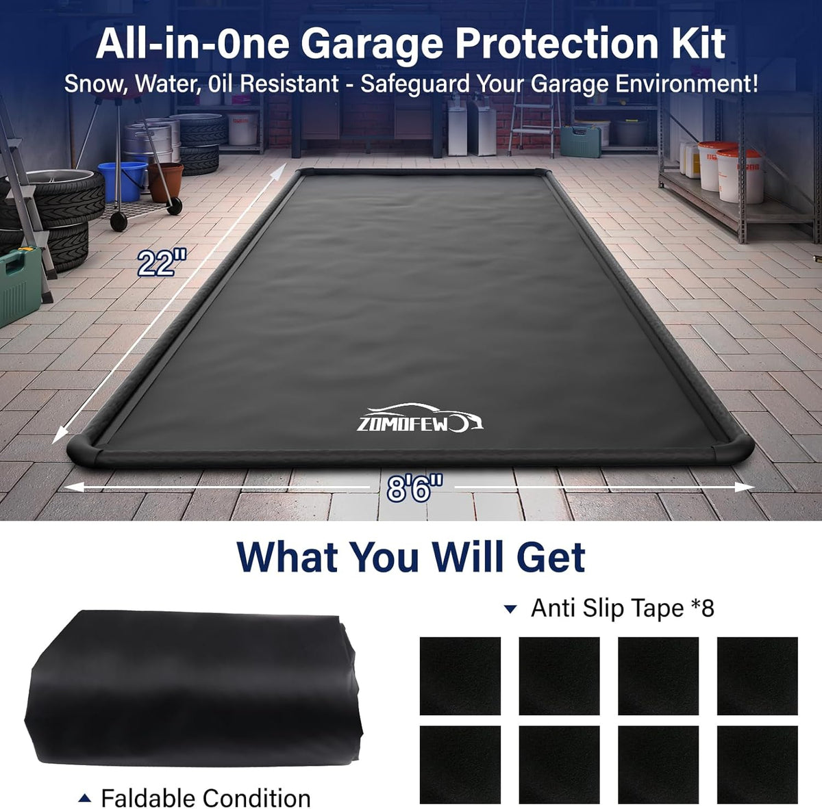 Garage Car Mat, Non-Slip Garage Floor Mat, Heavy Duty Waterproof Containment Mat for Snow Ice Water and Mud (8'6" x 22')