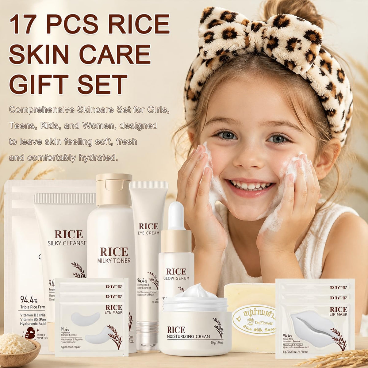 17PCS Korean Skin Care Set, Rice Skincare Set for Women, Kids Skin Care