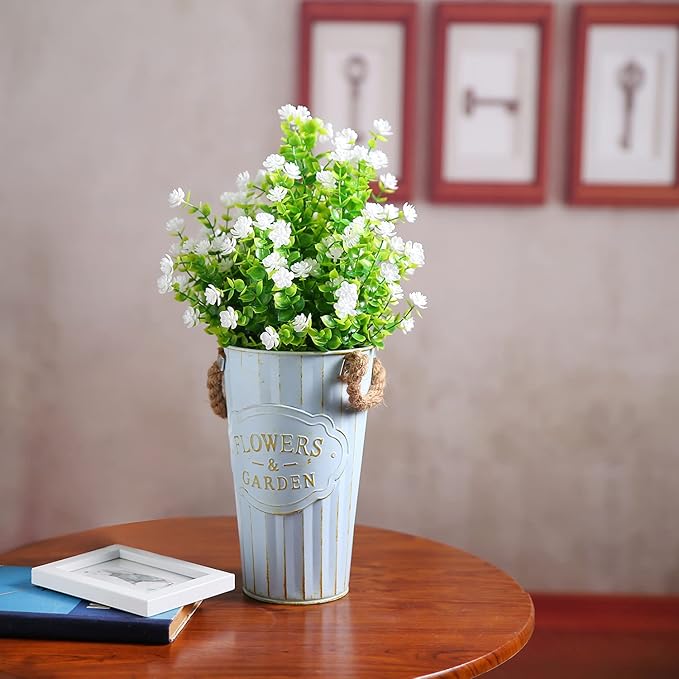 Artificial Plants Flowers Grass Shrubs 8 Pack No Fade Faux Plastic Flowers Outdoor for Vases Farmhouse Garden Porch Patio Office Indoor Wedding Decoration Greenery Fake Plants (2#White)