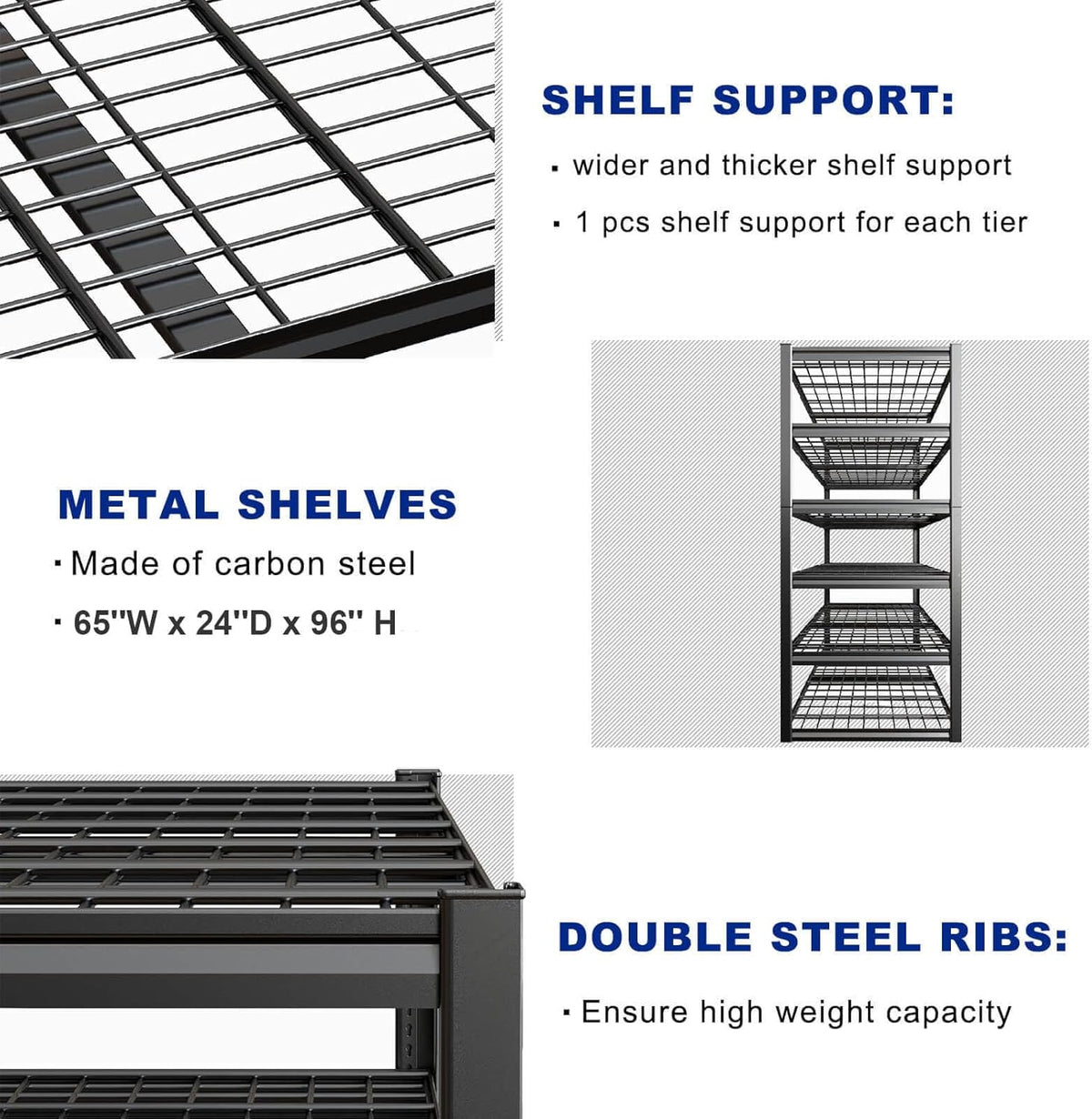 7 Tier Garage Shelving Heavy Duty,65" W Garage Shelves, 65" W x 96" H x 24" D Adjustable Storage Shelving Unit, Commercial Metal Shelves for Warehouse, Basement