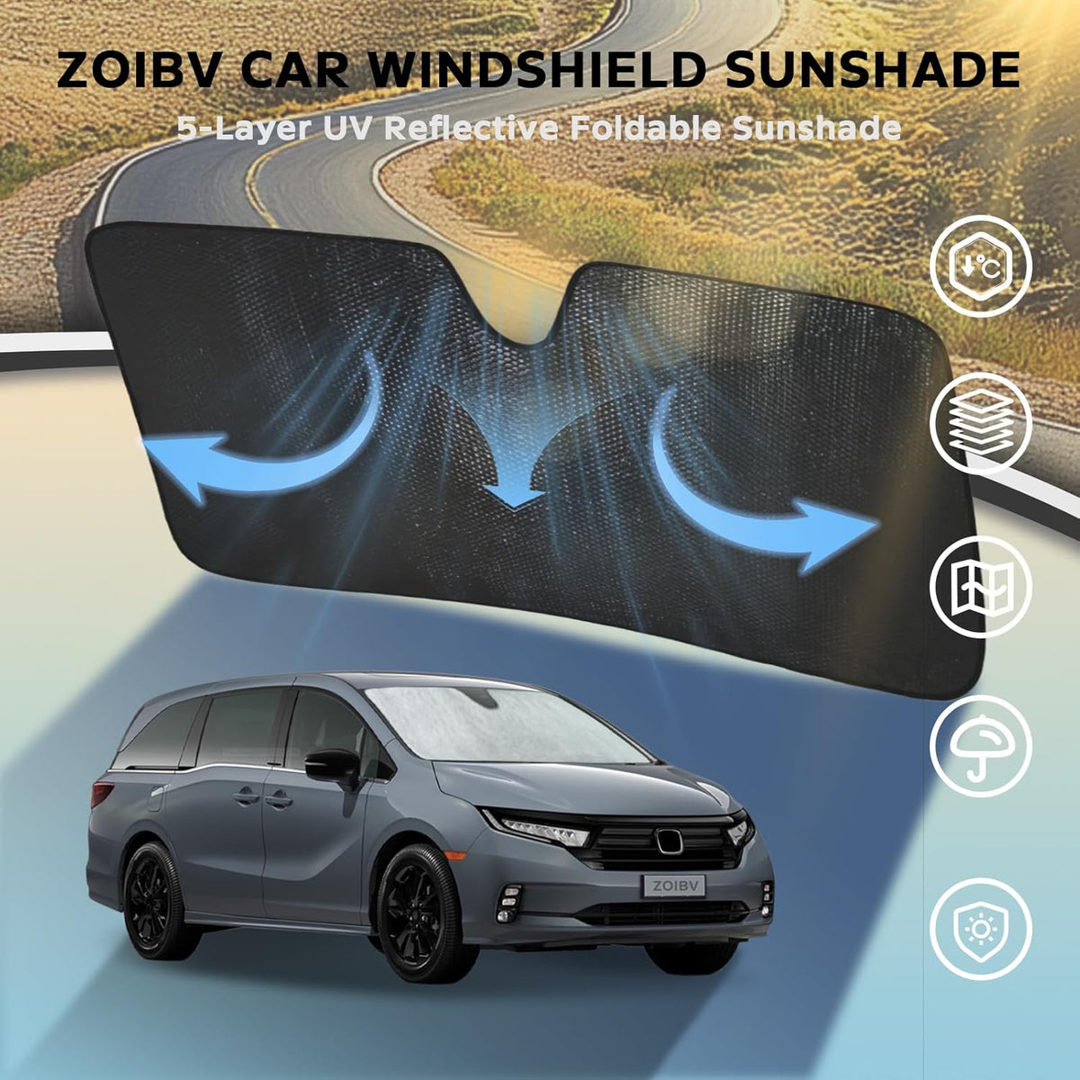 Windshield Sun Shade for Honda Odyssey (LX EX EX-L Touring Elite Minivan) 2018-2025 - 5-Layer Bubble Foldable Front Window Shade Sun Visor Accessories - Blocks Heat & UV Rays
