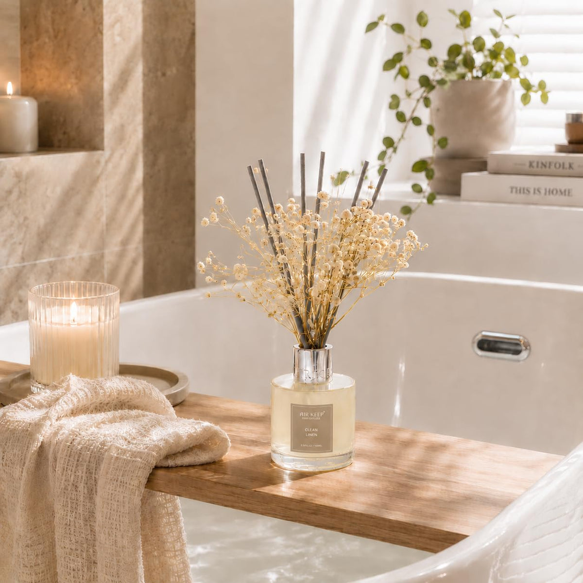 Airkeep Reed Diffuser Set,3.38 fl oz (100 ml) - Clean Linen Oil Diffusers with 8 Reed Sticks,Home Fragrance Reed Diffuser for Bathroom Shelf Decor