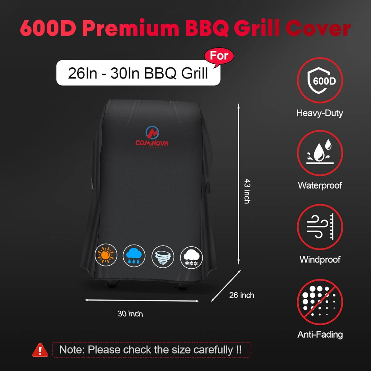 Comnova Grill Cover 30 Inch - 7105 BBQ Cover for Weber Spirit 210 Gas Grill Heavy Duty & Waterproof, Barbecue Cover for Weber Spirit E-210 Grill with Side Trays Fold Down (NOT Fit Spirit II E-210)