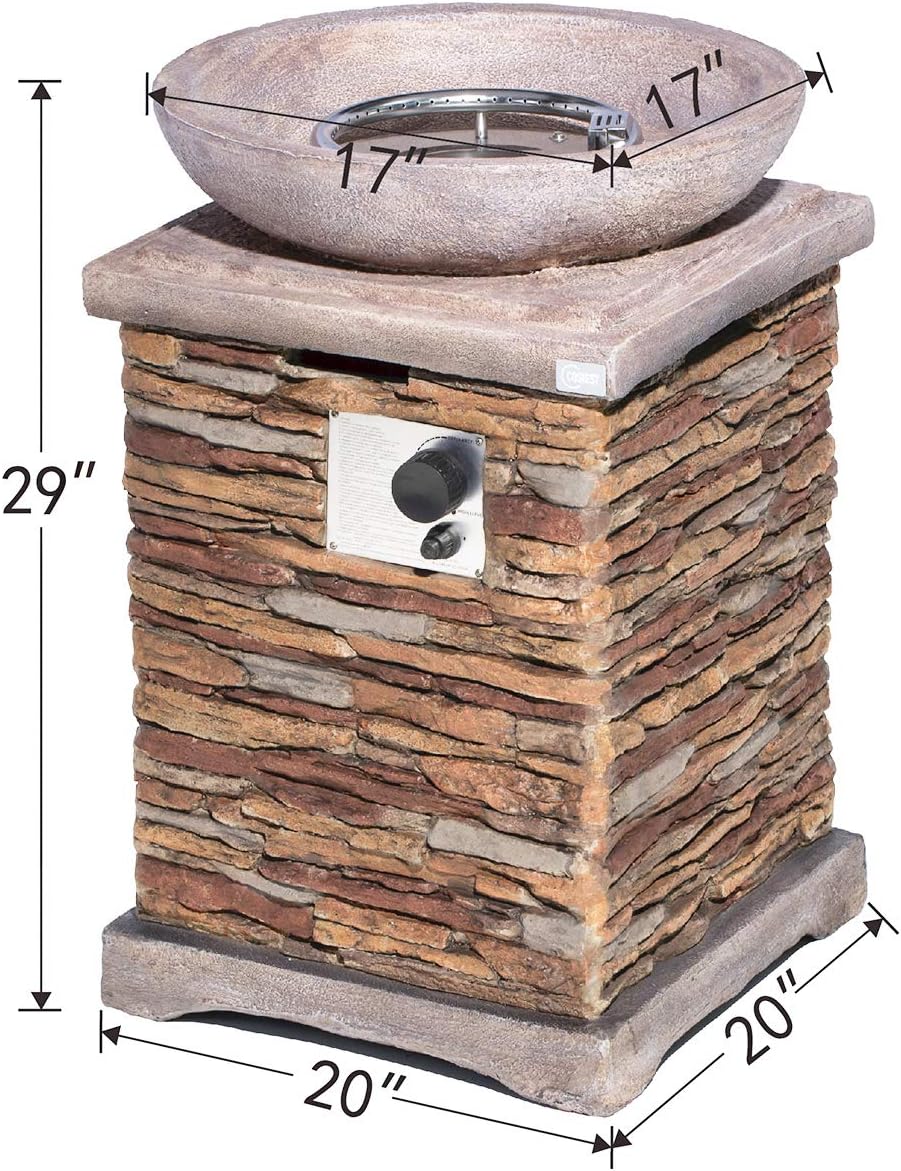 COSIEST Outdoor Propane Fire Pit Table w Faux Brown Compact Ledge Stone 20" Square Base and Faux Rose-Marble Round Bowl, CSA Certified, 40,000 BTU, Free Lava Rocks, Fits 20lb Tank Inside, Raincover