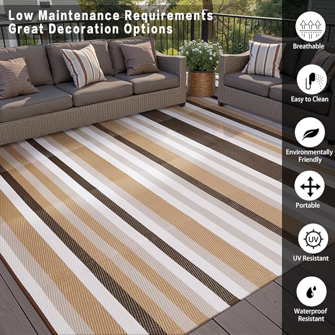 Outdoor Waterproof Rug 8'x10' Plastic Straw Rugs Washable Reversible Floor Mat Brown Stripe Carpet for Camping RV Deck Entryance Porch Picnic Balcony Beach Backyard