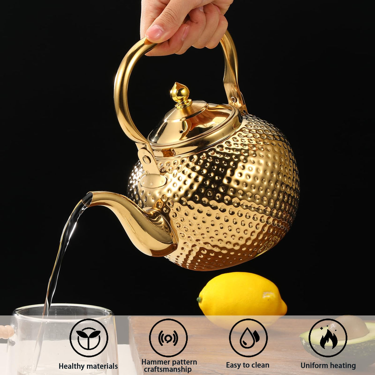 Alunsito Teapot for Stove Top, Stovetop Tea Kettle, Food Grade Stainless Steel Tea Kettle, 2.1qt Metal Tea Pot with Tea Strainer for Easy Tea, Coffee, Gold, 2 Liters