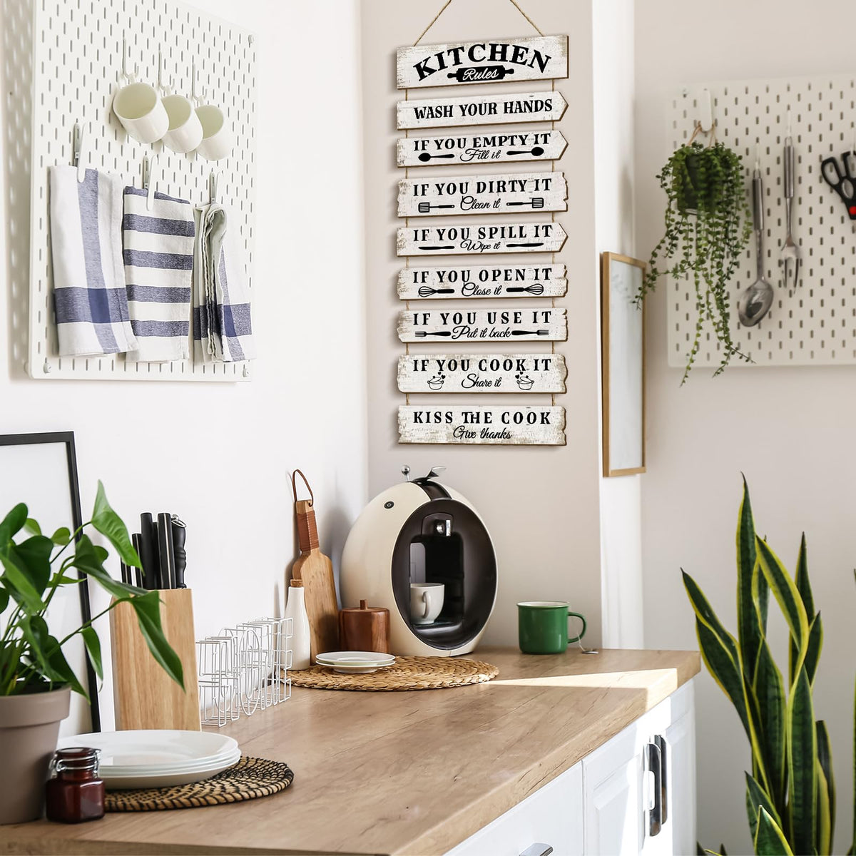 PEKCARGO Kitchen Wall Decor Funny Kitchen Signs Kitchen Rules Pictures Wall Art Decor Rustic Farmhouse Western Kitchen Decor Wooden Sign (White)