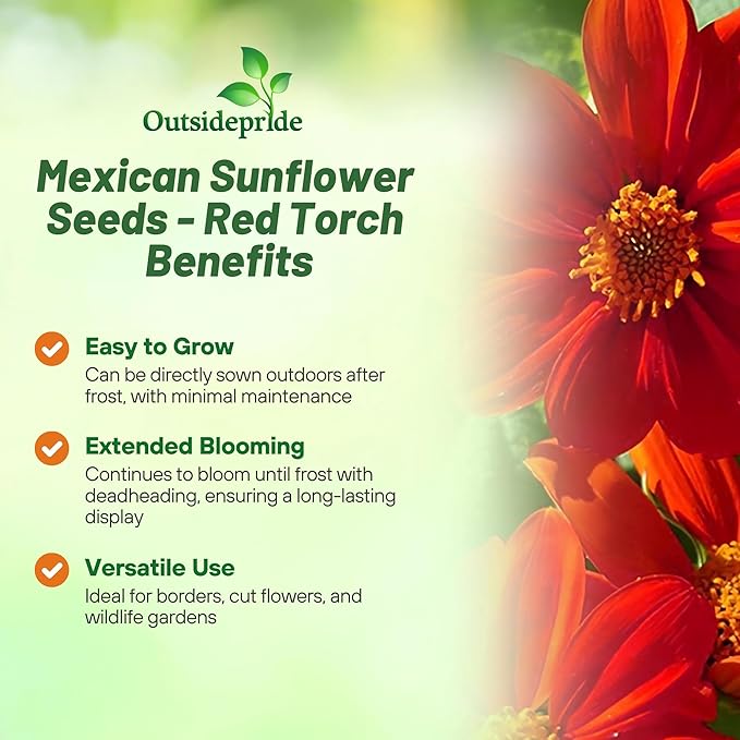 Outsidepride Red Torch Mexican Sunflower Seeds - 1000 Seeds Annual Tithonia, Fast-Growing, Heat & Drought-Tolerant Flower Seeds for Pollinator Gardens, Landscapes, & Flower Arrangements (AAS Winner)
