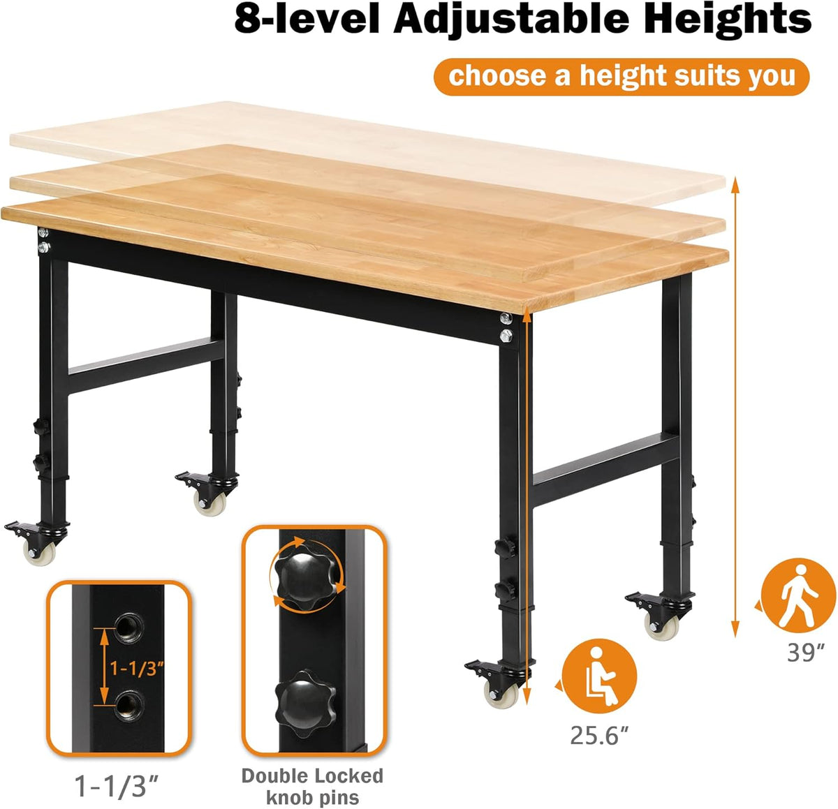 48" Heavy-Duty Adjustable Workbench for Garage, Rubber Wood Shop Table W/Metal Wheels, Hardwood Workstation Weight Capacity Over 2000 Lbs with Wheels