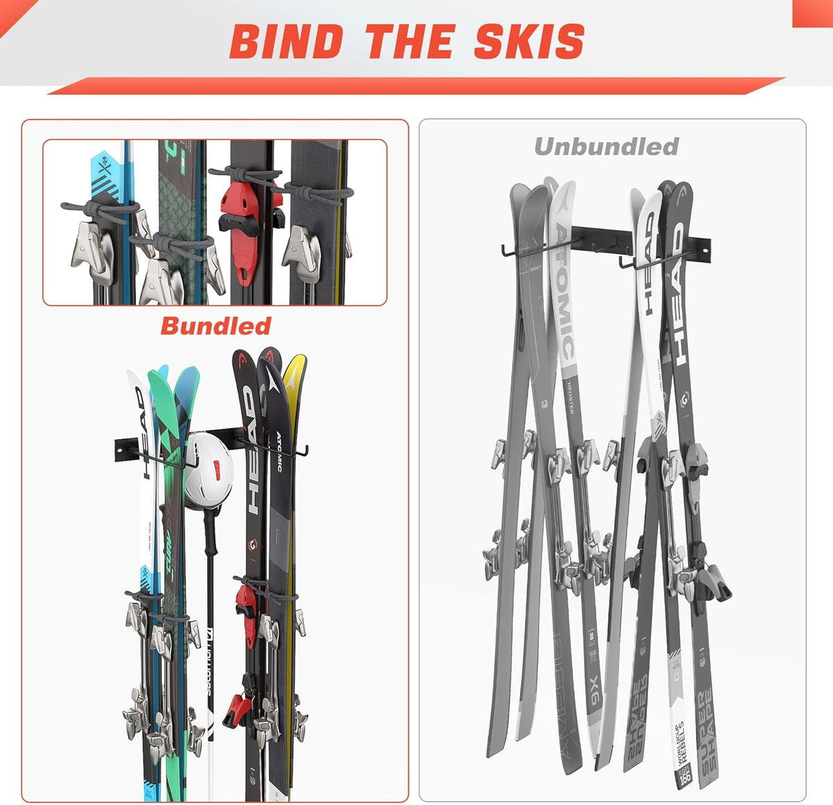 WALMANN Garage Ski Rack, Indoor Ski Hangers for Garage Ski Storage Wall Mounted Ski Holder Holds Up to 8 Pairs of Skis