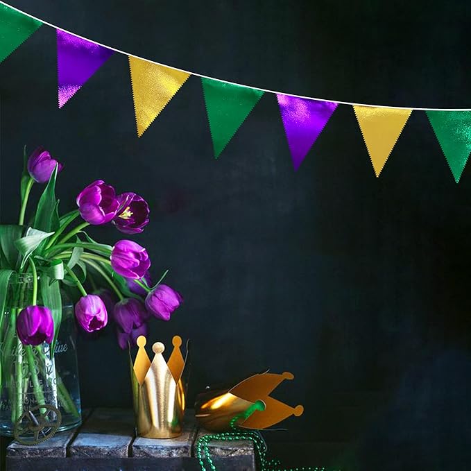 Mardi Gras Party Decorations Purple Green and Gold Metallic Fabric Triangle Pennant Banner Flag Hanging Bunting Garland for Birthday Wedding Baby Shower Bridal Shower Holiday Masquerade Party Supplies