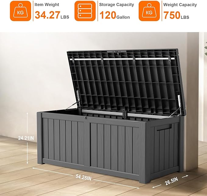 120 Gallon Resin Deck Box, Lockable Patio Outdoor Storage Box for Furniture, Garden Tools and Tools Storage, Waterproof Outside Storage Boxes - Black
