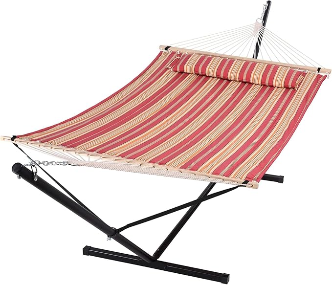 SUNCREAT Outdoor Hammock with Stand, Two Person Quilted Fabric Hammock Swing with 12ft Steel Stand, Red Stripes