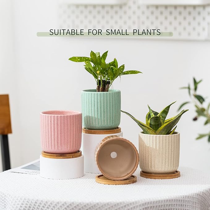 OMAYKEY 4 Inch Ceramic Plant Pot with Saucer, Adorable Stripe Multicolor Small Planters Pots with Drainage Hole & Mesh Pads for Succulent, Snake Plants, Cactus, Herbs - Set of 4