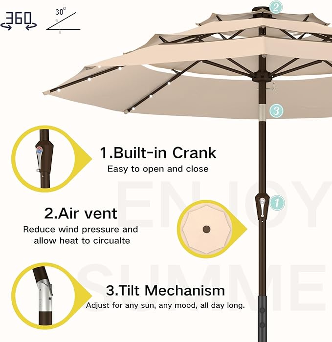 Kingdura 10ft 3-Tier Patio Umbrella with Solar Lights, Table Umbrella Outdoor Patio with Easy Crank & Tilt, 8 Sturdy Ribs, UV Protection, 32 LED Lights for Deck, Poolside, Market (Beige)