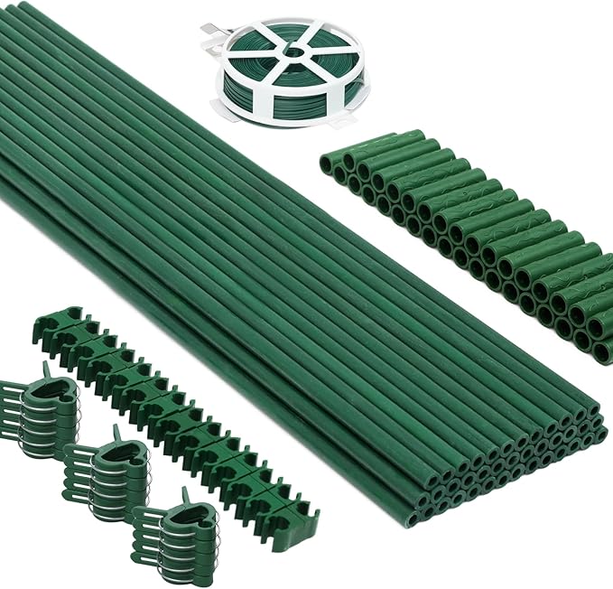 MAXPACE 125pcs Garden Stakes Kit: Includes 40 Sets of Fiberglass Plant Sticks Supports & Accessories for DIY 4ft, 5ft, 6ft, 7ft Stakes for Tomato, Vegetables, Indoor & Outdoor Gardening Supplies