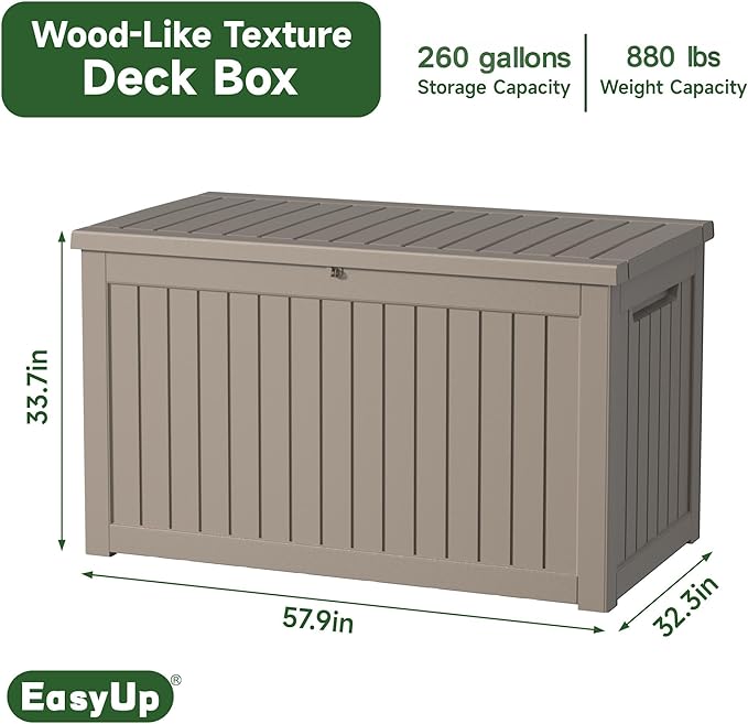 260 Gallon Deck Box Waterproof, UV Resistant Resin Outdoor Storage Box with Hydraulic Rod, Lockable Design and Enhanced Durability for Patio, Garden, and Poolside Use