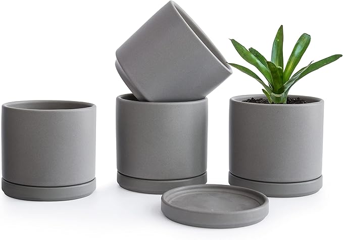 D'vine Dev Set of 4 Small Ceramic Plant Pots, 4.6 Inch Succulent Planter Pot for Plants with Drainage Hole and Saucer, Grey, 94-X-B-3