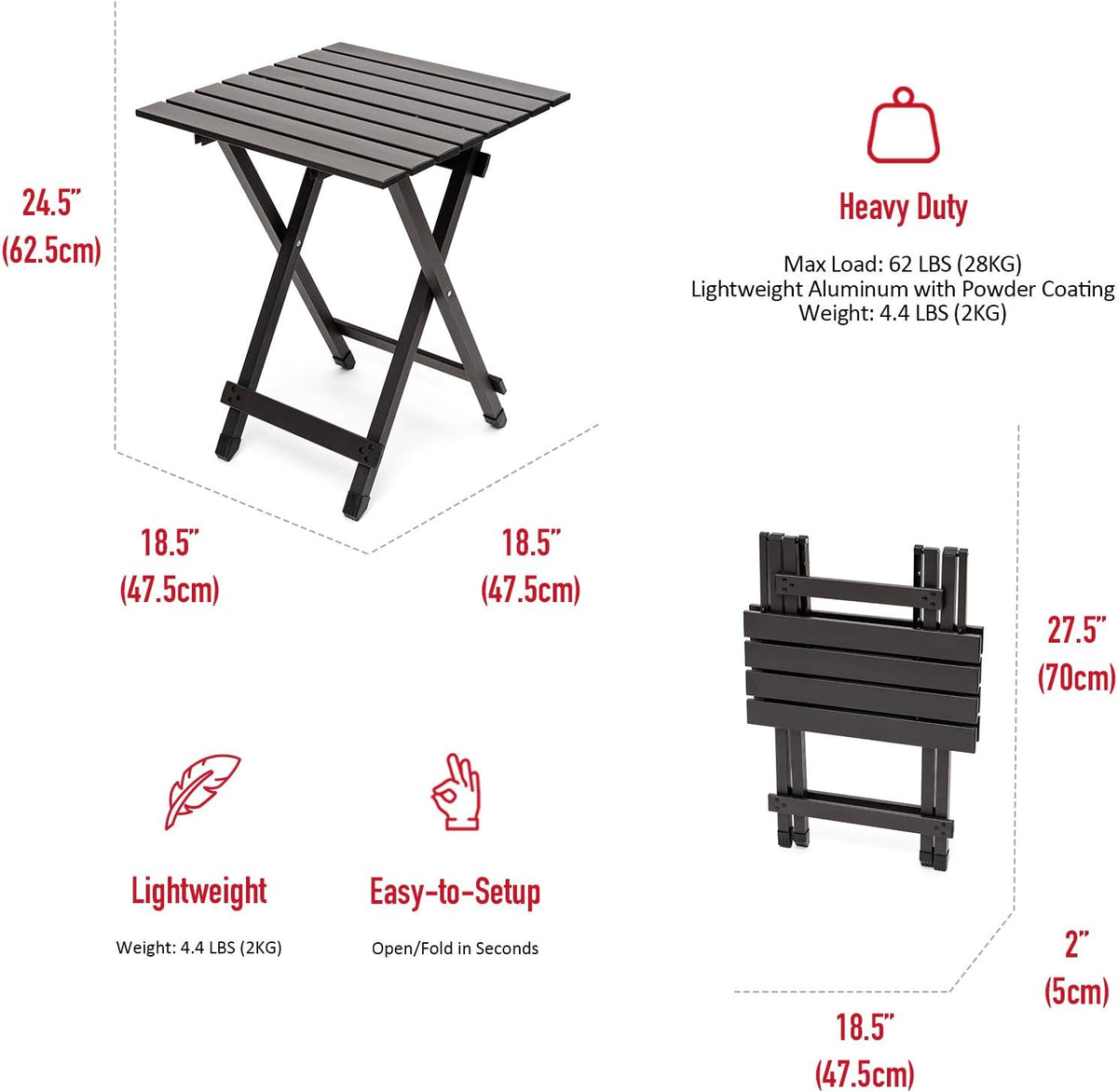 SUNNYFEEL Folding Camping Table - Lightweight Aluminum Portable Picnic Table, 18.5x18.5x24.5 Inch for Cooking, Beach, Hiking, Travel, Fishing, BBQ, Indoor Outdoor Small Foldable Camp Tables