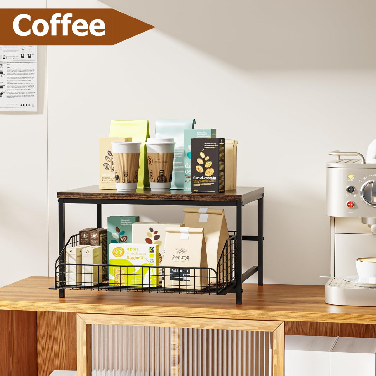 KLM Pull Out Spice Rack Organizer for Cabinet,Rustic Wood Top with Wire Basket Storage,Kitchen Countertop Organizer and Storage for Pantry, Counter top,Coffee Station Wood. (Brown)