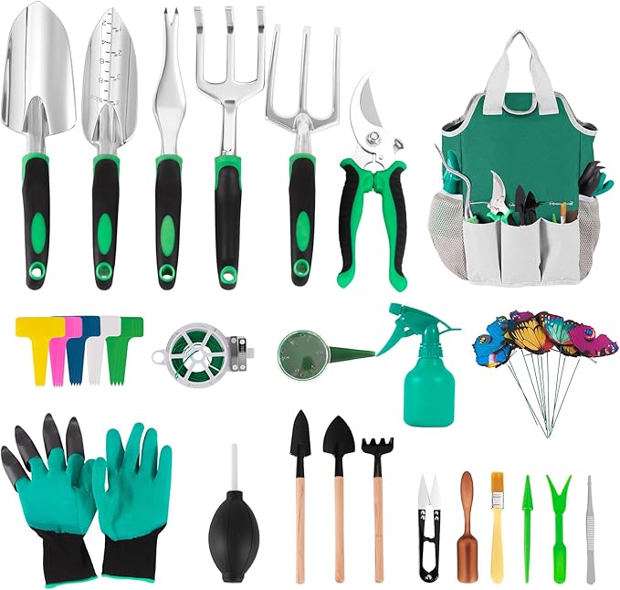 Garden Tool Set, Including 9 Succulent Tool Sets, 6 Large Heavy-Duty Aluminum Gardening Tools, with Gardening Tool Kit, Gloves, Watering Can, Fixing Line and Color Label，is Your Best Helper